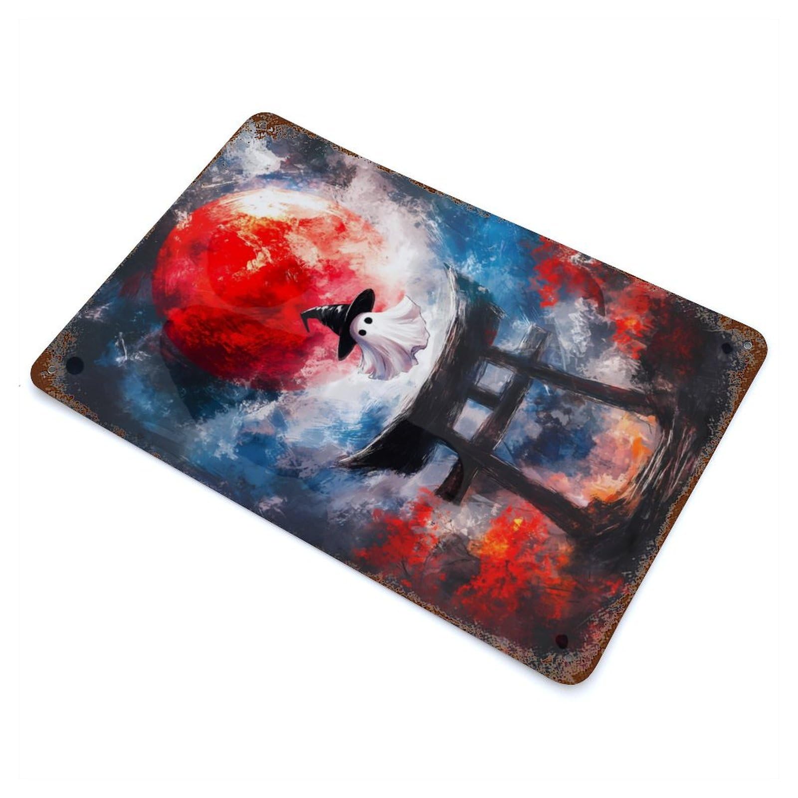 Garage Style Ghost in Torii Gate Weathered Tin Sign 11.8"x7.9", Classic Wall Plaque for Bar And Workshop