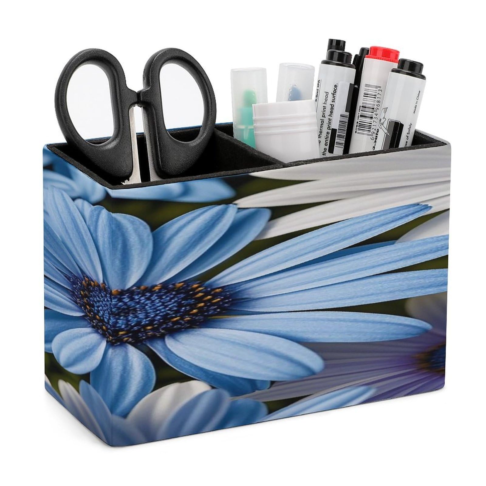 LZQPOEAS Blooming Blue Daisy Leather Pen Holder with 2 Compartments Luxury Pencil Holder Minimalist Pencil Cup Brush Scissor Holders Elegant Pen Cup for Office Home Desk Accessories