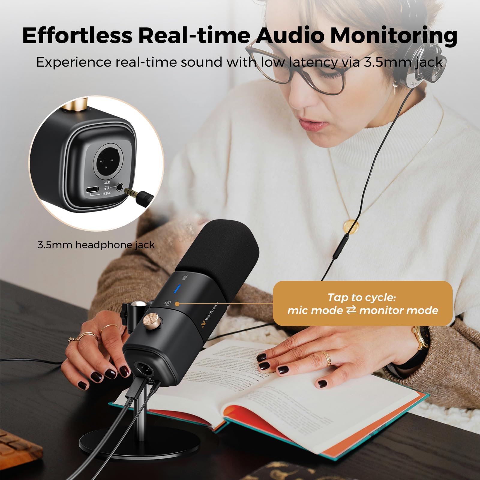 NearStream Micrófono condensador XLR/USB con cancelación de ruido/control de volumen/conector de auriculares/silencio, micrófono de podcast para PC/mezclador de audio, micrófono de escritorio para