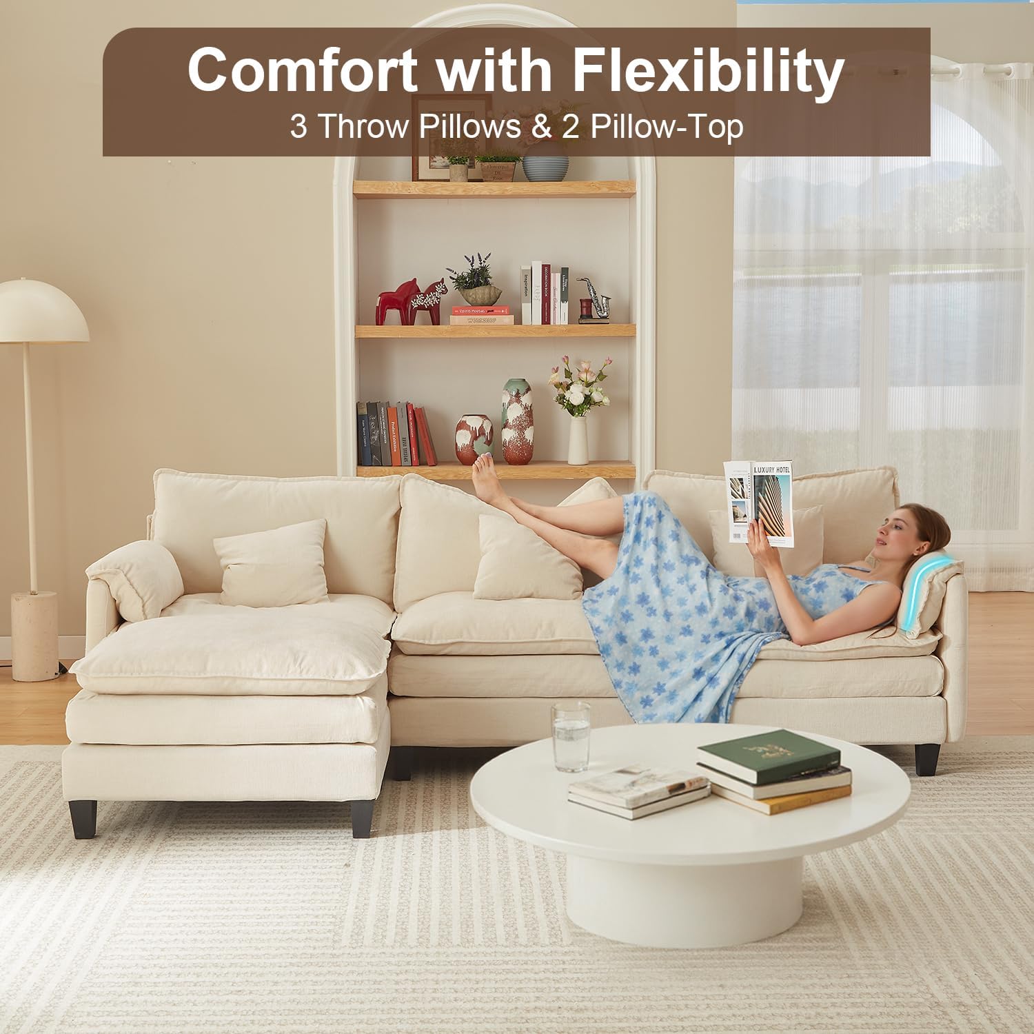 Modular Sectional Sofa, 108” Comfy Cloud Couch with Movable Ottoman | Charging Station | Side Pocket | Throw Pillow, Modern L-Shaped Couches for Living Room, Chenille, Beige