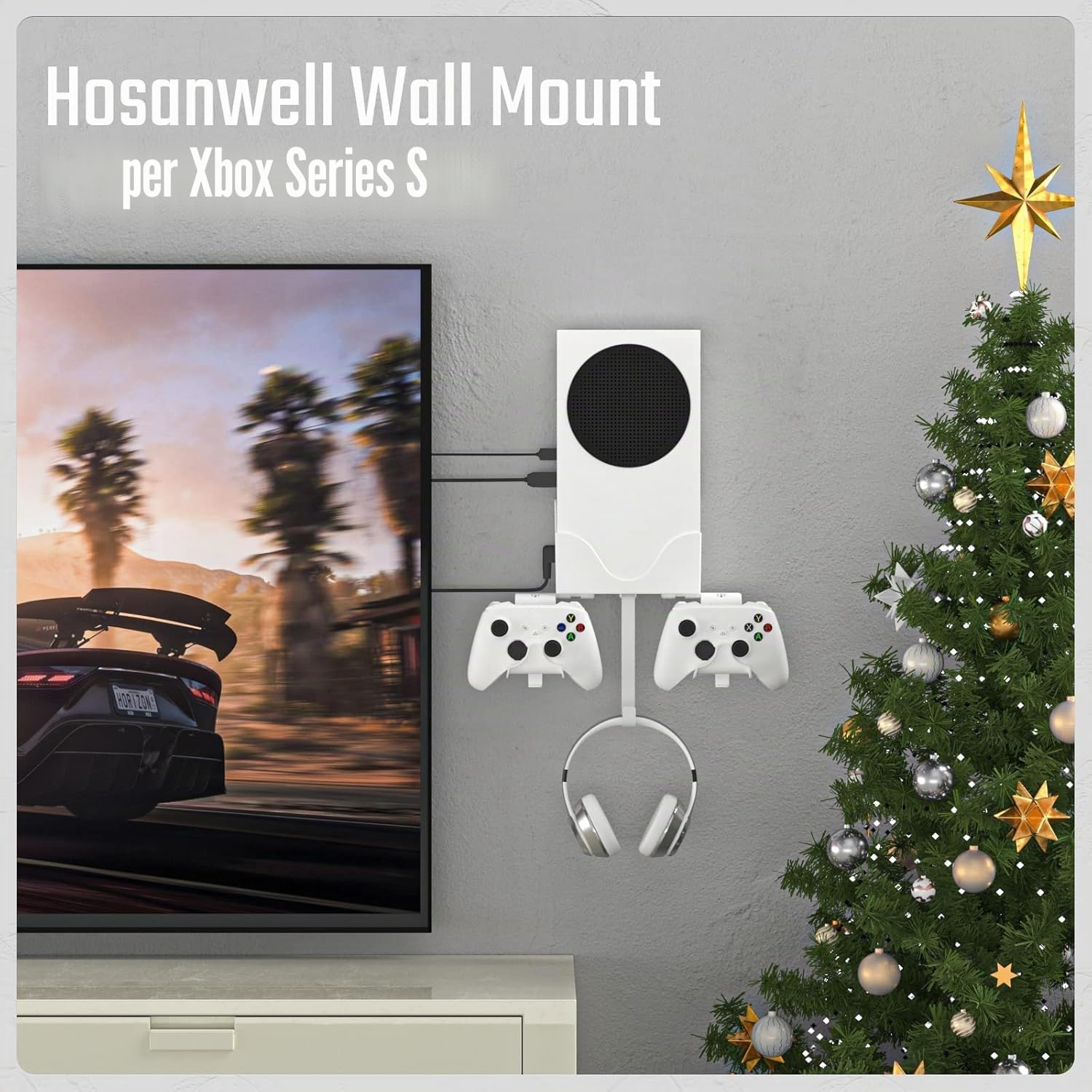 Hosanwell Supporto da Parete Xbox Series S Staffa Parete per Console, Cuffie e Controller, Montaggio a Parete Solido con Tappetino Antiscivolo, Tacca di Ricarica Disponibile per Cavo USB