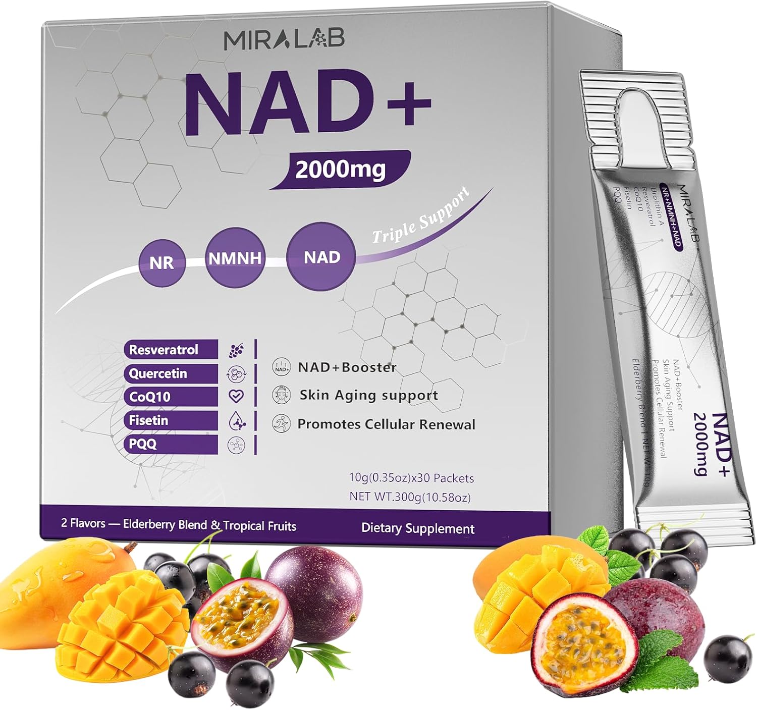 NAD+ Liquid Supplement Packets, Advanced Nicotinamide Riboside, Trans-Resveratrol, PQQ & Quercetin Complex for Cellular Energy & Healthy Aging Support - 2 Flavors (30 Count)