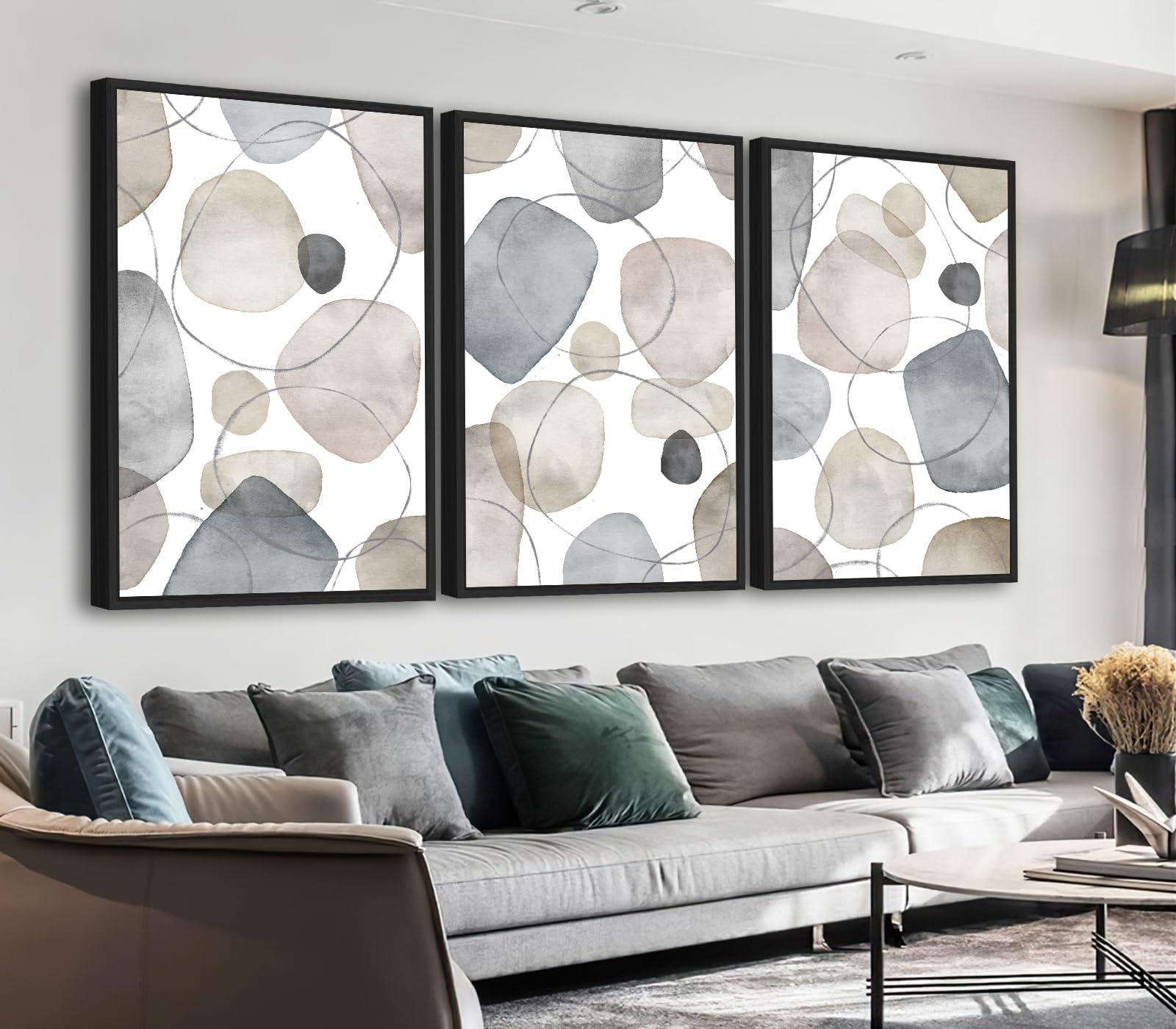 Photo 1 of Large Abstract Canvas Wall Art - Geometric Framed Wall Decor Modern Circles and Lines Paintings Light Colors Minimalist Pictures for Living Room Bedroom Office Bathroom 20" X 28" X 3 Panels
