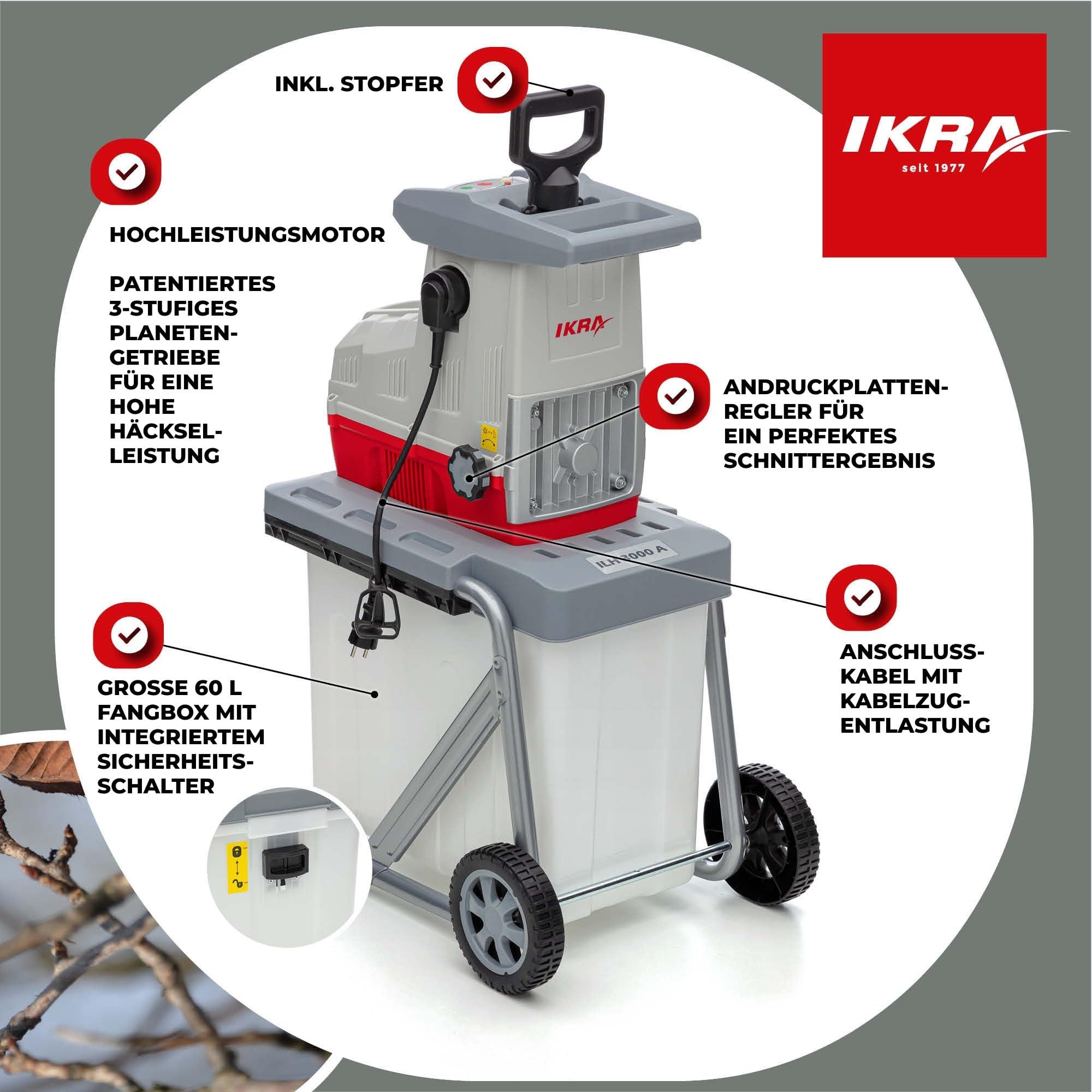 IKRA ILH 3000A Elektro Gartenhäcksler Walzenhäcksler 3000 Watt Aststärke bis 44mm