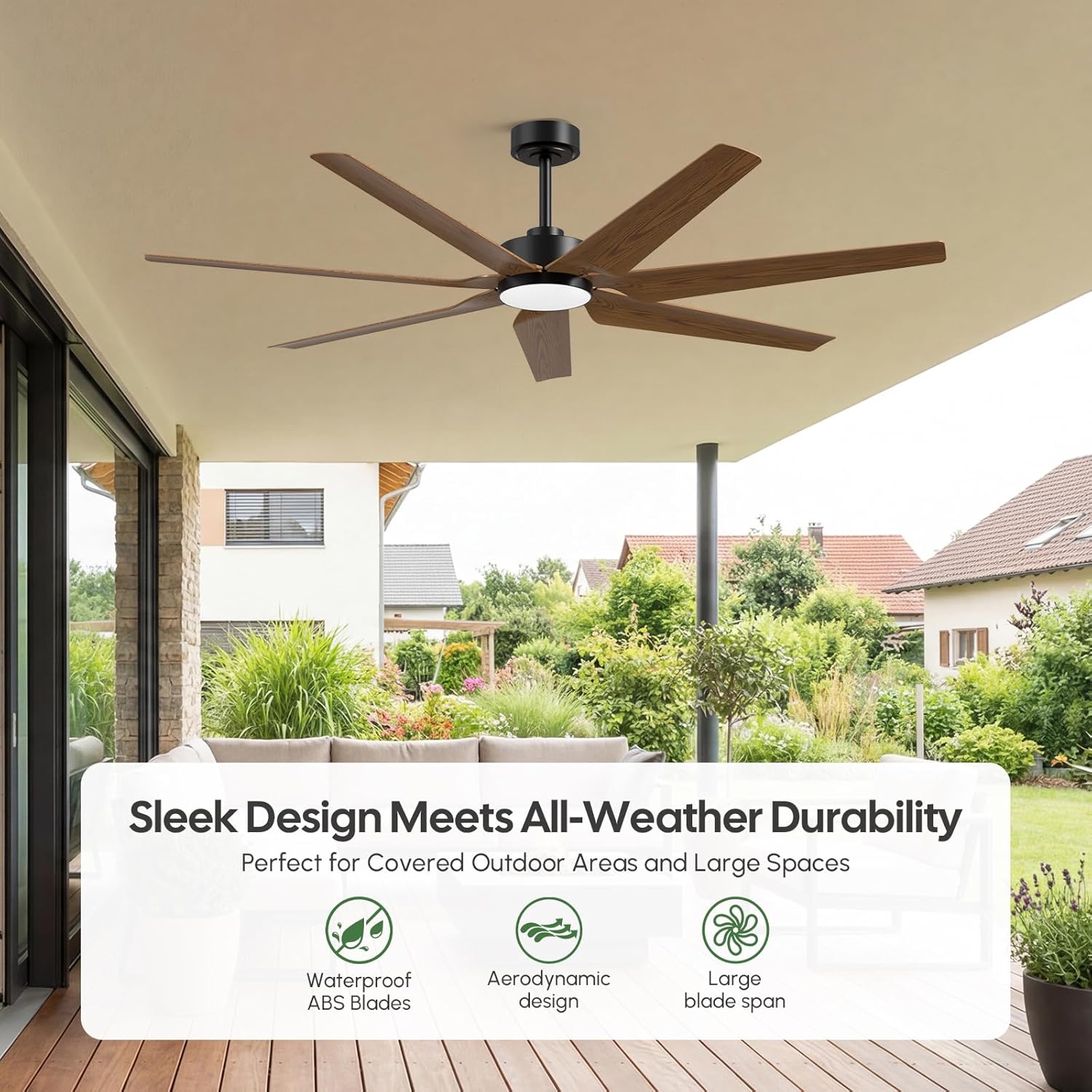 65 Inch Smart Outdoor Ceiling Fan with Light, Alexa/App/Remote Control, 7 Rustic Walnut Modern Farmhouse Blades, 8517 CFM High Airflow, Quiet DC Motor, Damp Rated for Patios, Indoor High/Slop Ceiling