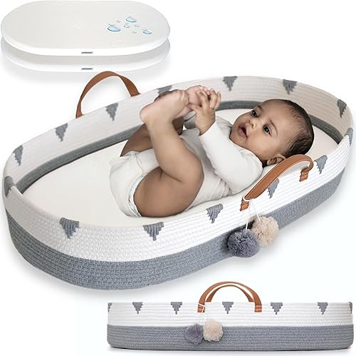 Vesta Baby Cesta cambiadora de moisés de cuerda de algodón tejida, portátil, para cuarto de bebé, con almohadilla de espuma suave y 2 fundas