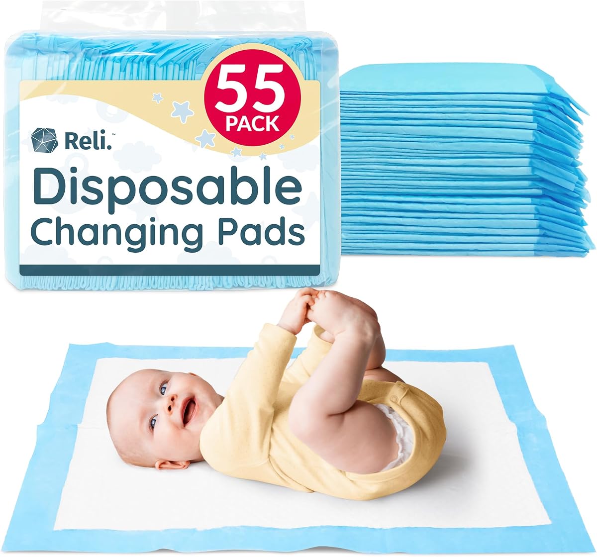 Disposable Changing Pads for Baby (55 Pack) | 13"x18" | Super Absorbent, Leak-Proof Liners | Waterproof, Quick Dry Underpads | Disposable Diaper Changing Pads | (Blue/White)