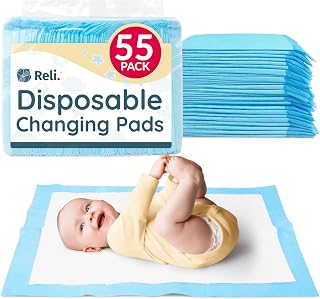 Reli Disposable Baby Changing Pads 55 Pack - Super Absorbent Leak-Proof 13x18" Underpads for Mess-Free Diaper Changes (Blue/White)