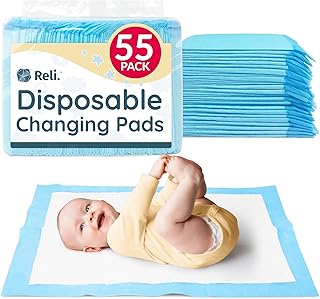 Reli. Disposable Changing Pads for Baby (55 Pack) | Disposable Diaper Changing Pads, 13" x 18" | Super Absorbent, Leak-Proof Liners | Waterproof, Quick Dry Underpads (Blue/White)