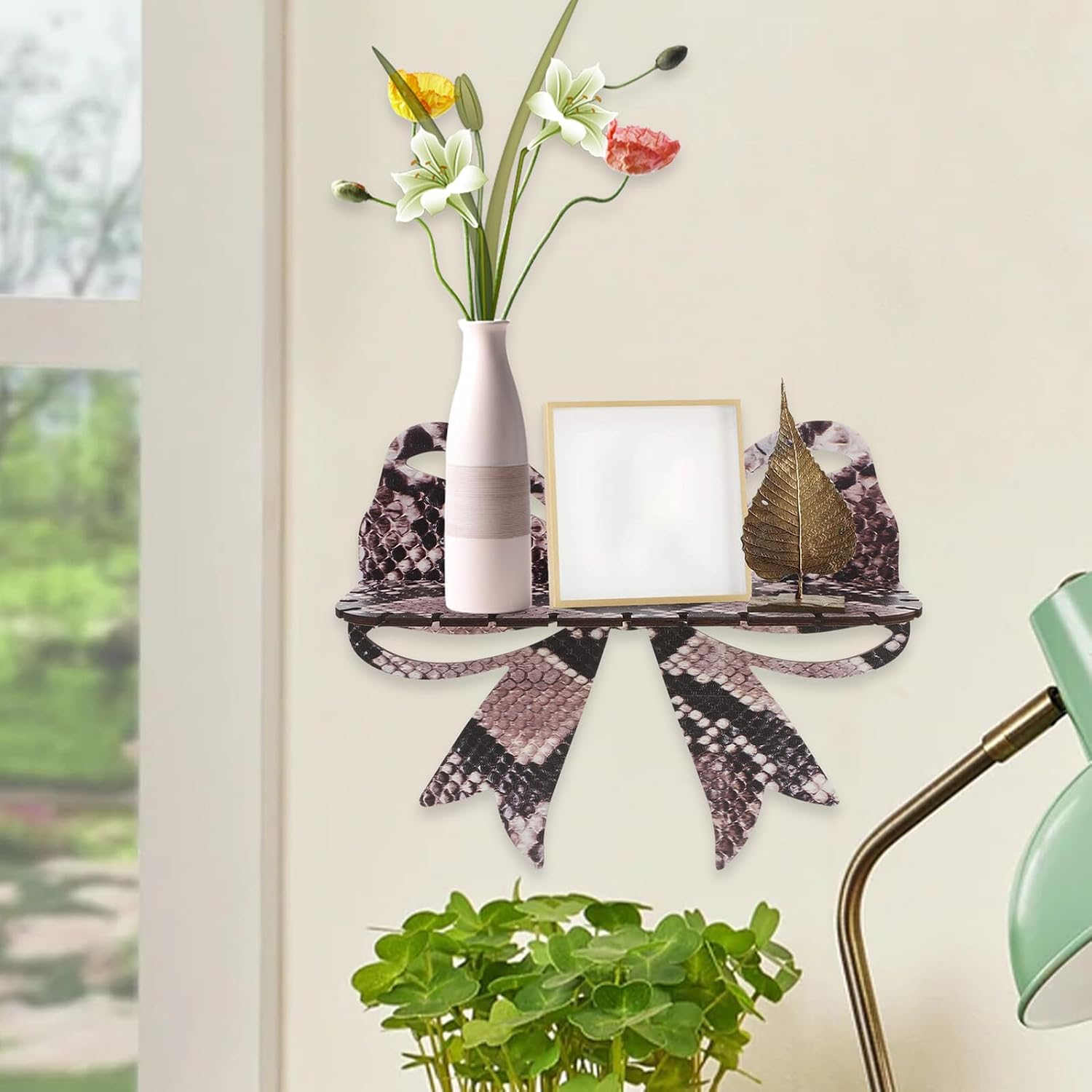 Wooden Wall Hanging Shelf with Bowknot Crystal Accent, Hand Carved Floating Wall Mounted Display Shelf for Bedroom Living Room Bathroom Home Décor image 2