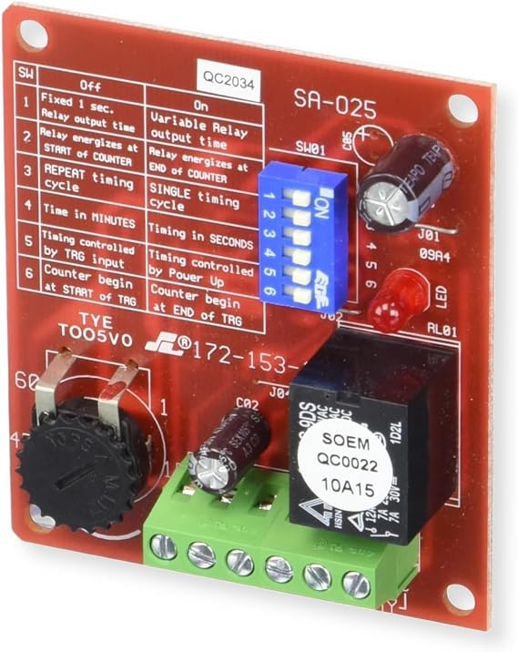 Seco-Larm SA-025Q Multi-Purpose Programmable Timer, 12-24VDC Auto-sensing Operation, Built-in Reset Function, Functions Programmed via DIP Switches, Form-C Relay
