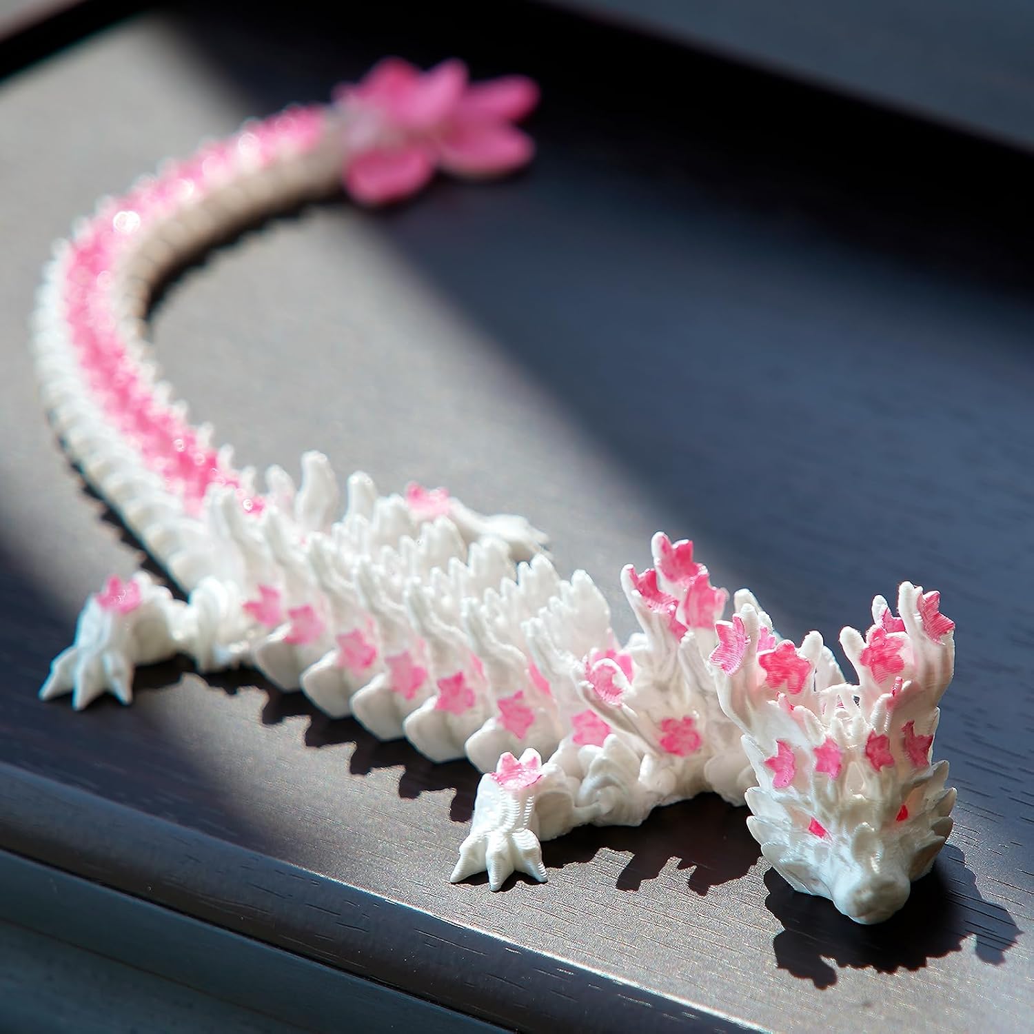 3D Printed Cherry Blossom Dragon Fidget，11.81 + 5.51 Inch Articulated Wiggle Pet Art, Cute Mother Son Daughter Painting Gift, Bookshelf Decor Set