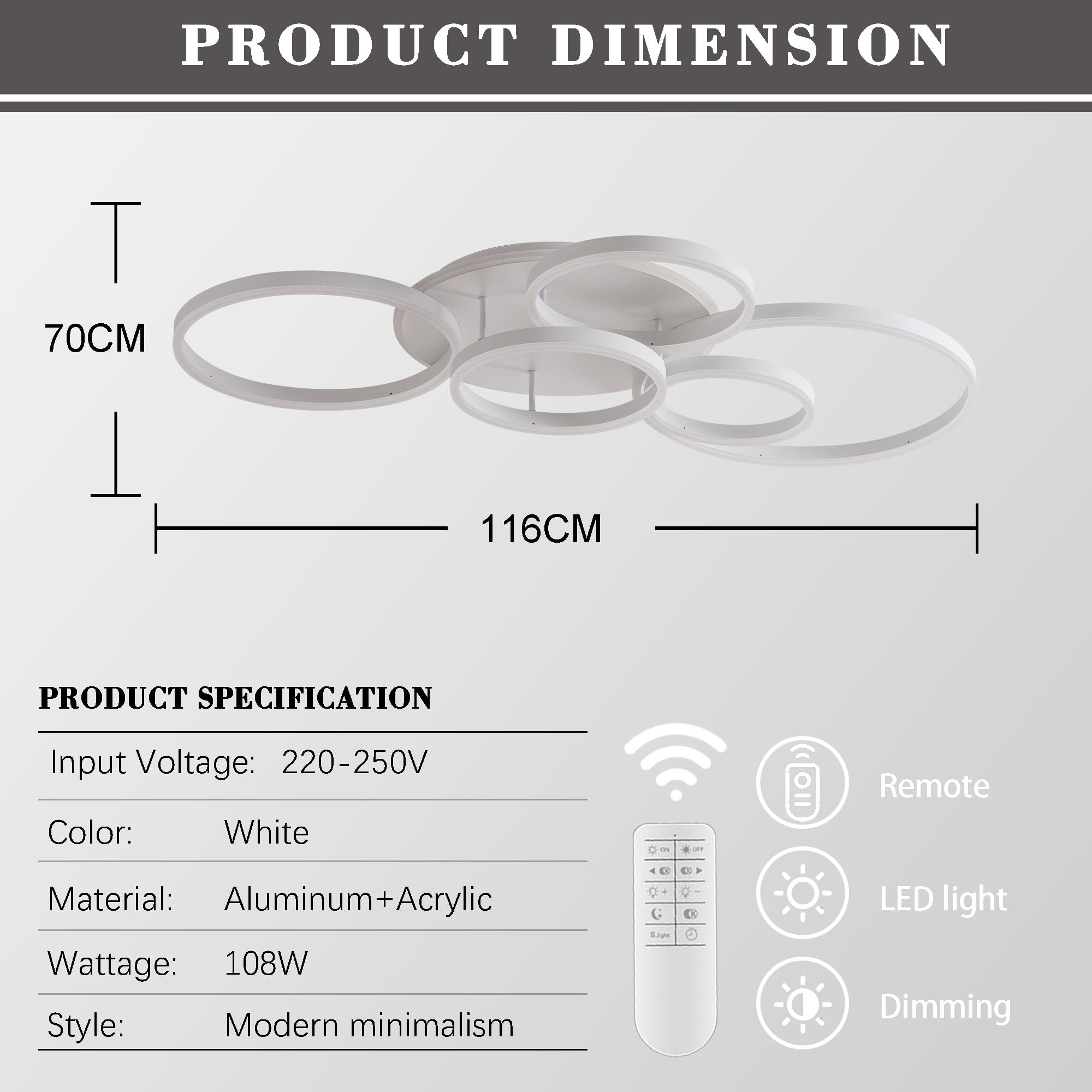 Dimmbare Led Deckenleuchte,Unterputz-Wohnzimmerlampe,108 W,6400 Lm,Deckenleuchte Mit Fernbedienung,6-Ring-Kronleuchter FüR Wohnzimmer, Schlafzimmer, Esszimmer, 3000–6000 K,Weiß,L116CM
