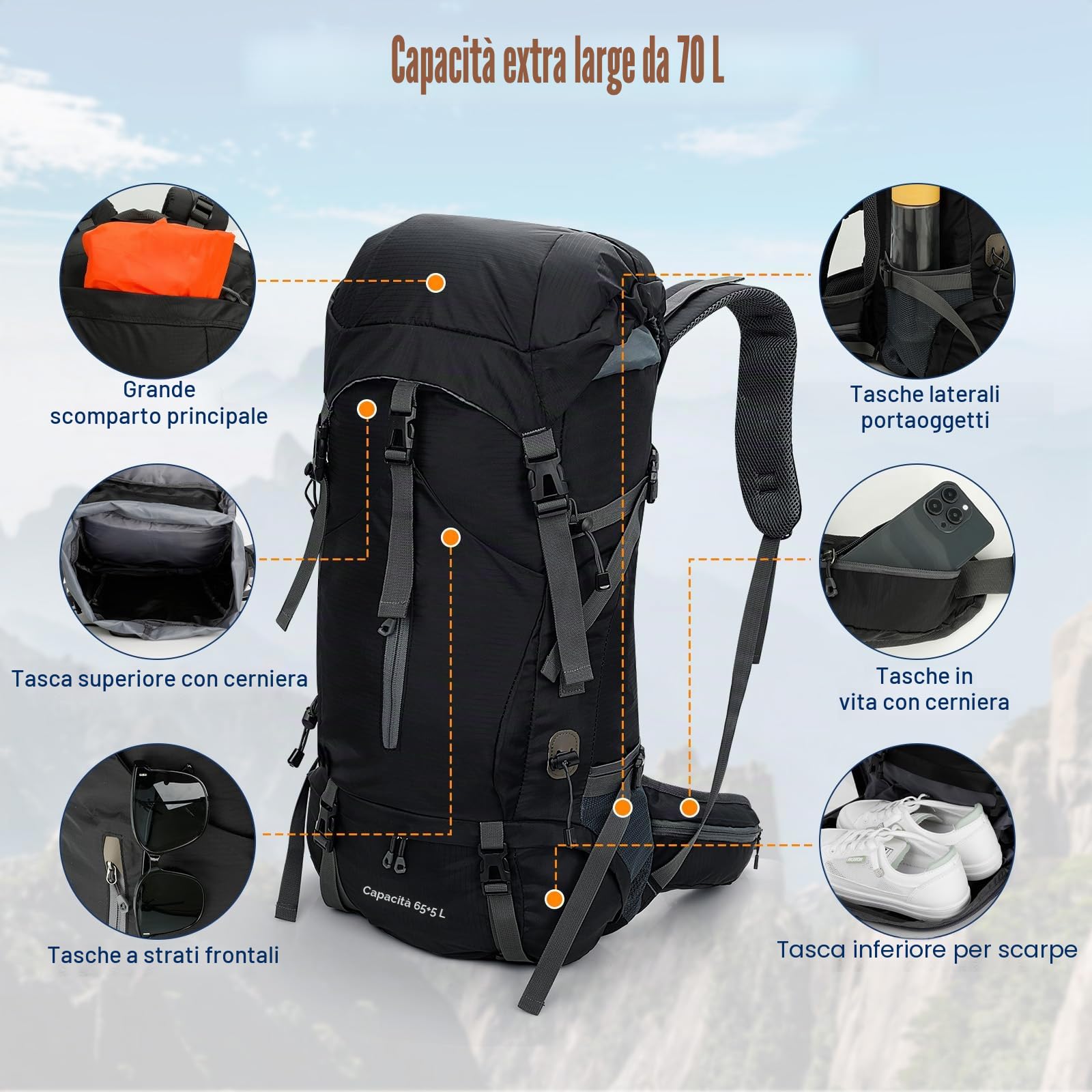 Cozary Zaino Trekking 70L Anti-Strappo Impermeabile con Copripioggia, Sistema Traspirante per Escursionismo Campeggio Montagna