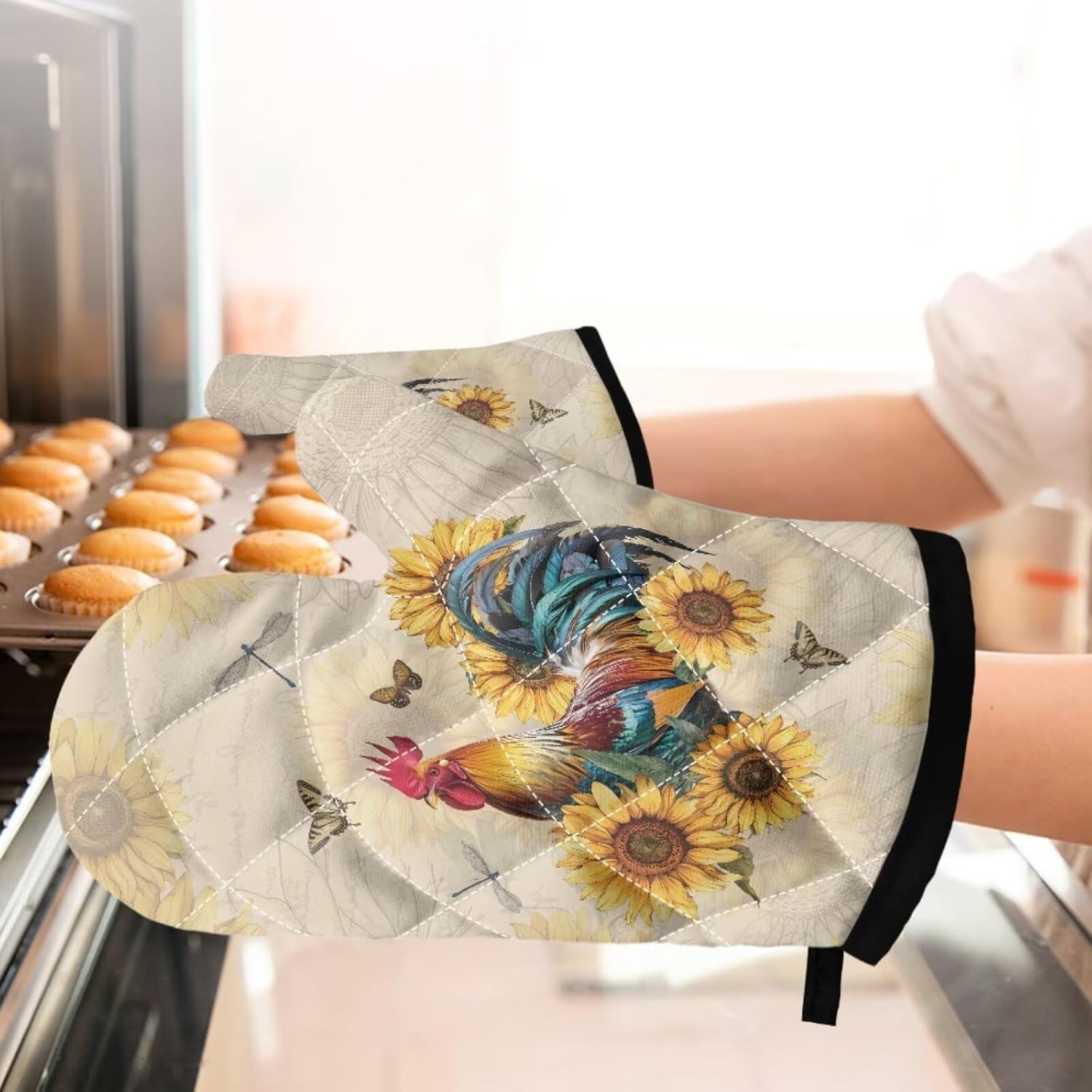 UNICEU Sunflower Chicken Dragonfly Oven Mitts Kitchen Accessory 4 Piece Sunflowers Rooster Oven Mitts and Pot Holder Non Slip Cooking Gloves for Kitchen Cooking Backing BBQ