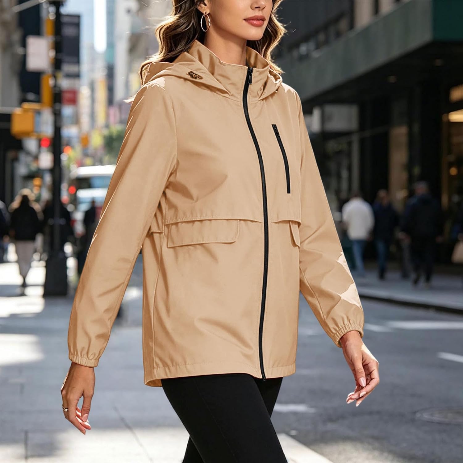Women's Hooded Utility Windbreaker Mid Length Zip Up Jacket