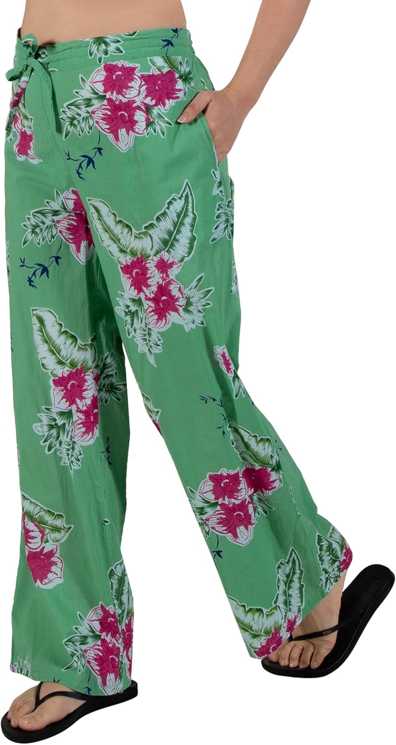 LA CERA Women’s 100% Cotton Printed Pants with Elastic Waist and Packable Drawstring Bag, Lightweight Casual Lounge Wear