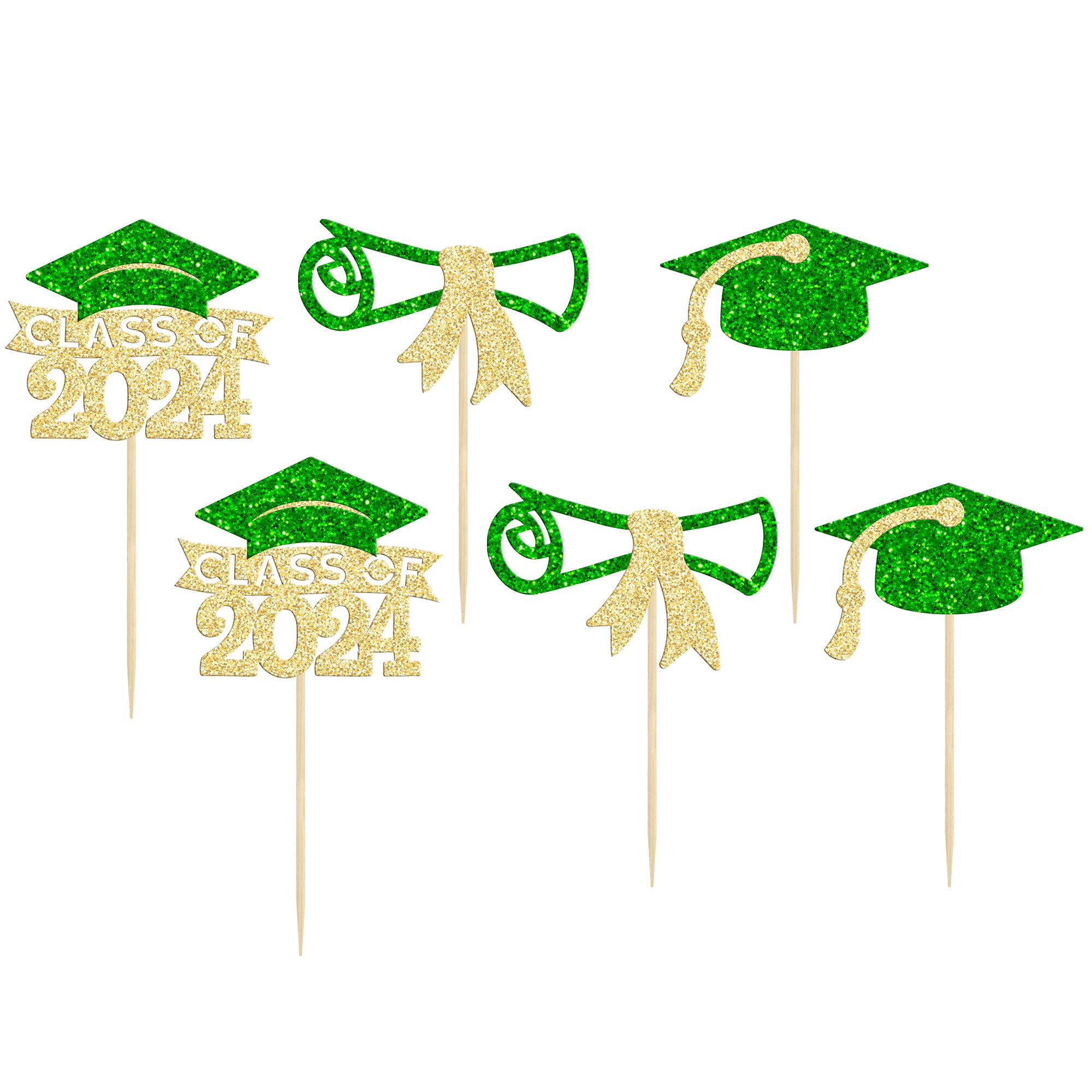Gyufise 24Pcs 2026 Graduation Theme Cupcake Toppers Glitter Diploma Graduation Cap Class of 2026 Cupcake Picks for 2026 Graduation Theme Party Cake Decorations Supplies Gold Green - Image 3