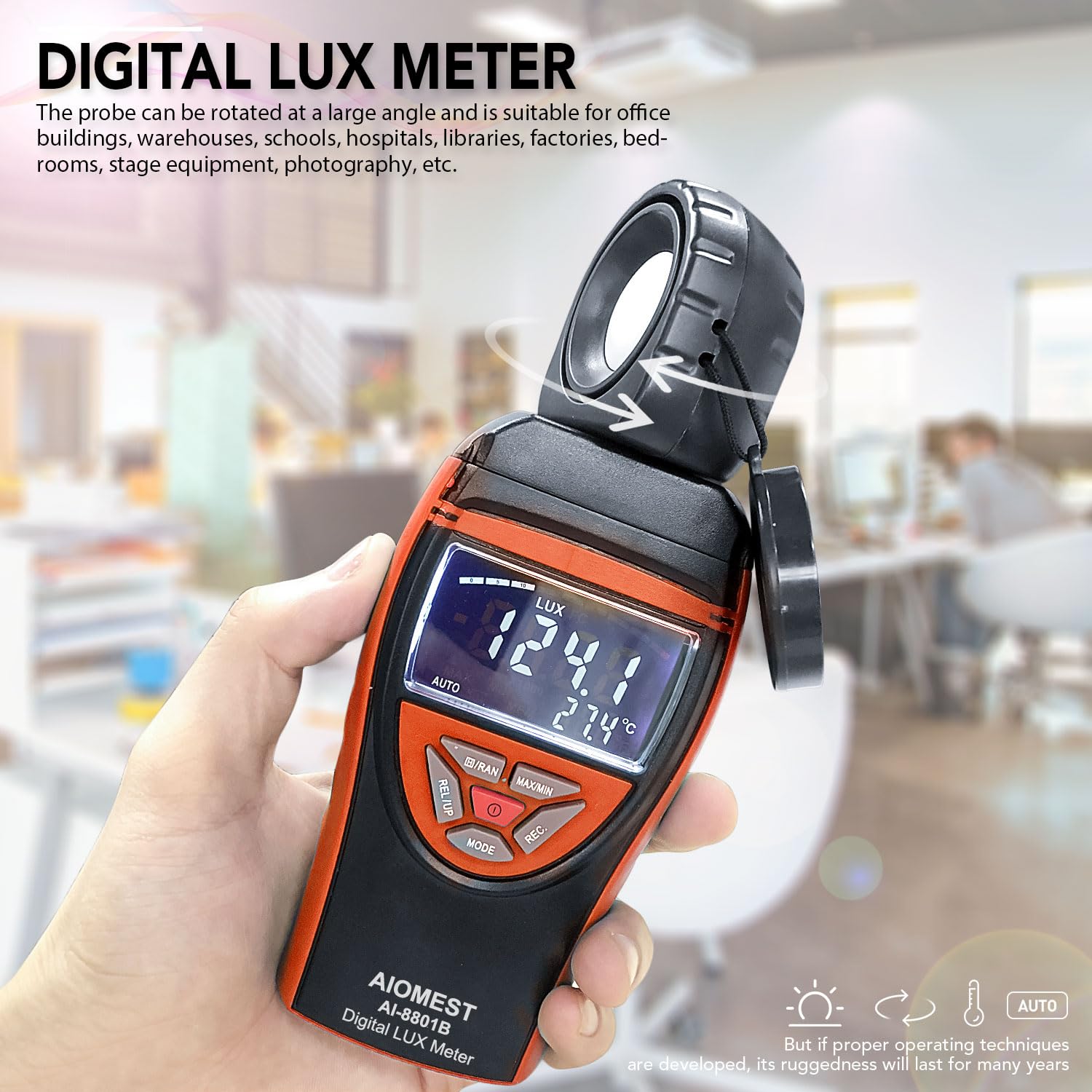 AIOMEST Numérique Luxmeter Photomètre portable 0,1 ~ 400,000 lux avec données, détecteur rotatif à 270° avec écran LCD pour plantes, bureau, éclairage LED, AI-8801B (orange)