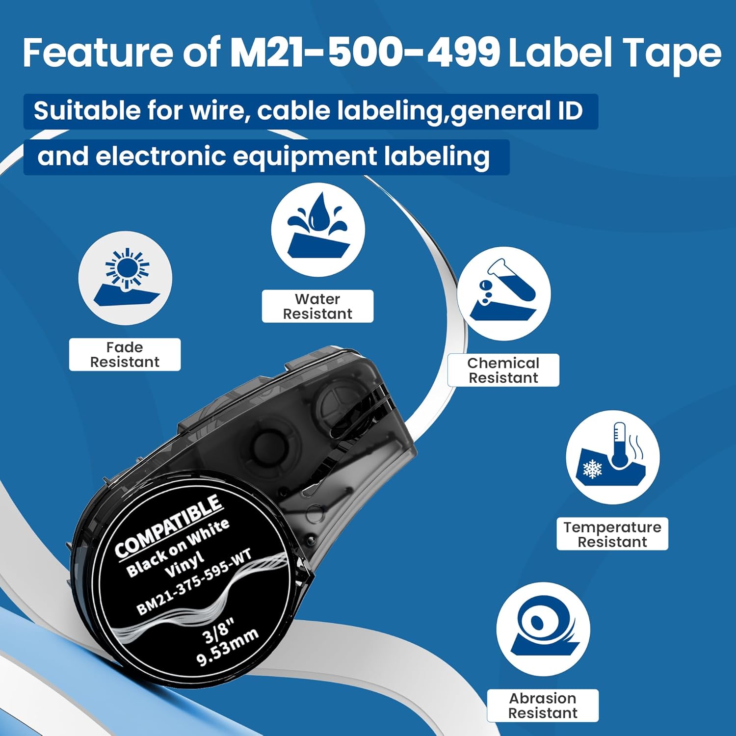 Compatible M21-500-499 Multi-Purpose Nylon Cloth Label for General ID, Wire Marking, and Lab Labeling, .5" W 16' L, Black on White, 4-Pack