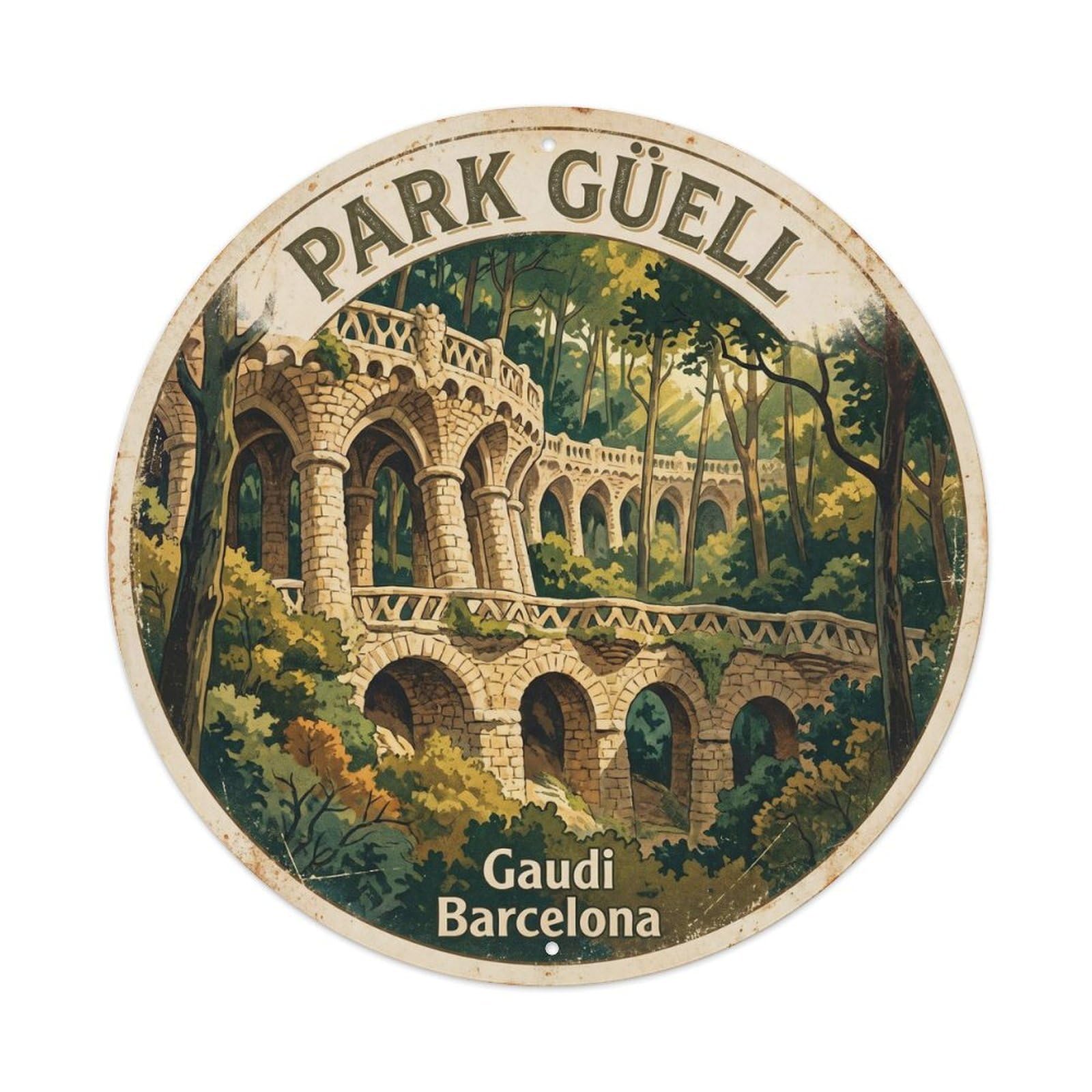 Vintage Travel Park Guell Spain Gaudi Barcelona Metal Tin Sign Plaque