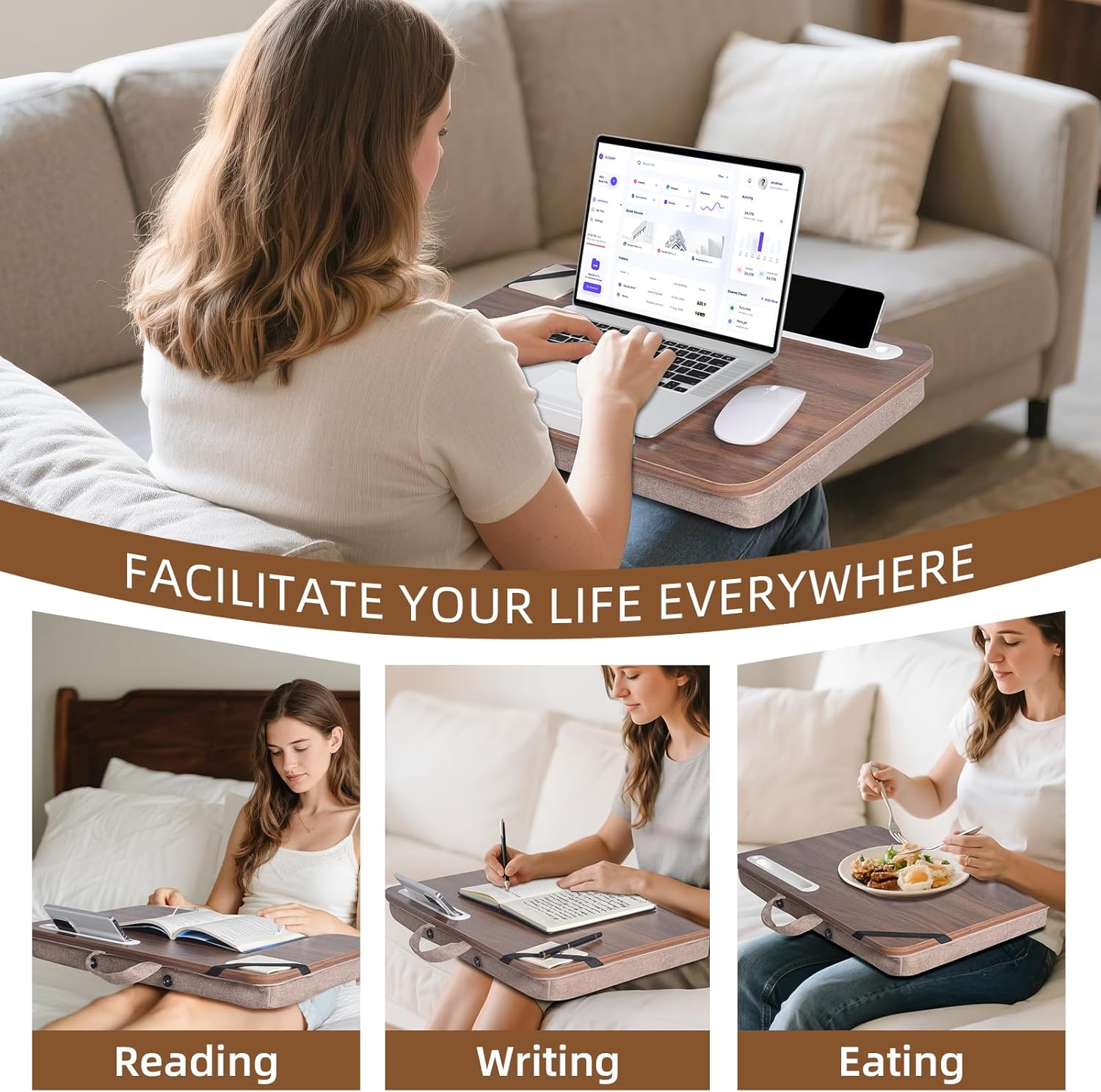 wishacc Lap Desk with Cushion and Hidden Book Clips, Wooden Bed Desk for Laptop and Writing, Cushioned Laptop Tray for Couch, Portable Lap Desk for Adults, Car Laptop Couch Table (Fits up to 17")