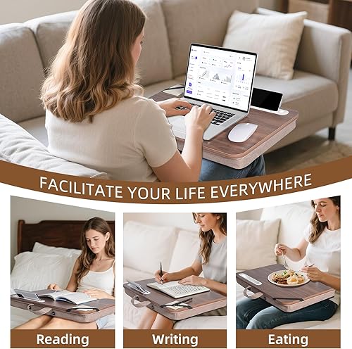 Miniatura 6 de Escritorio prémium para laptop con soporte para teléfono, acabado de grano de madera, escritorio portátil de regazo de 21 pulgadas, base acolchada