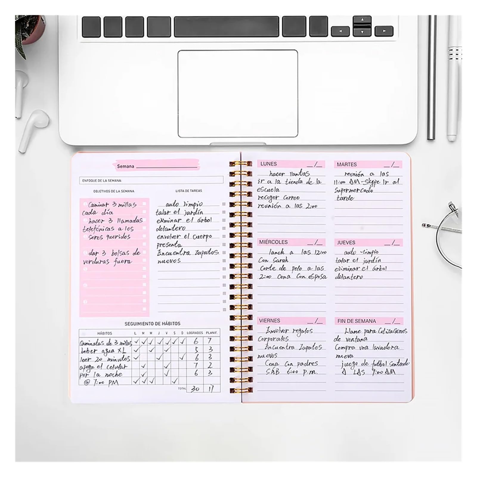 Inspirierendes Notizbuch 2 stücke A5 Agenda Planer Notebook Tagebuch Wöchentlich Planer Ziel Gewohnheit Zeitpläne Journal Notebooks for Schule Schreibwaren Büro(Pink-Spanish)