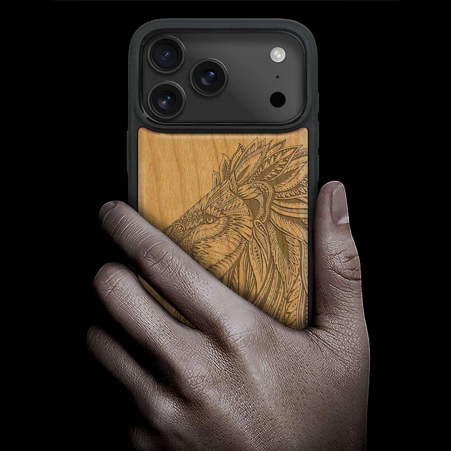 Carveit Magnetic Wooden Case for iPhone 17 Pro Max Case, Wood Artisan Engraved & Black Soft TPU Shockproof Cover, Compatible with MagSafe Wireless Chargers (The Ornate Lion's Head) Cherry