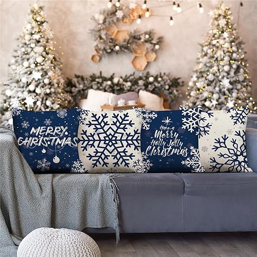 Miniatura 2 de KISVODS Juego de 4 fundas de almohada navideñas de 18 x 18 pulgadas, decoraciones navideñas, fundas de almohada navideñas de lino rústico para sofá,