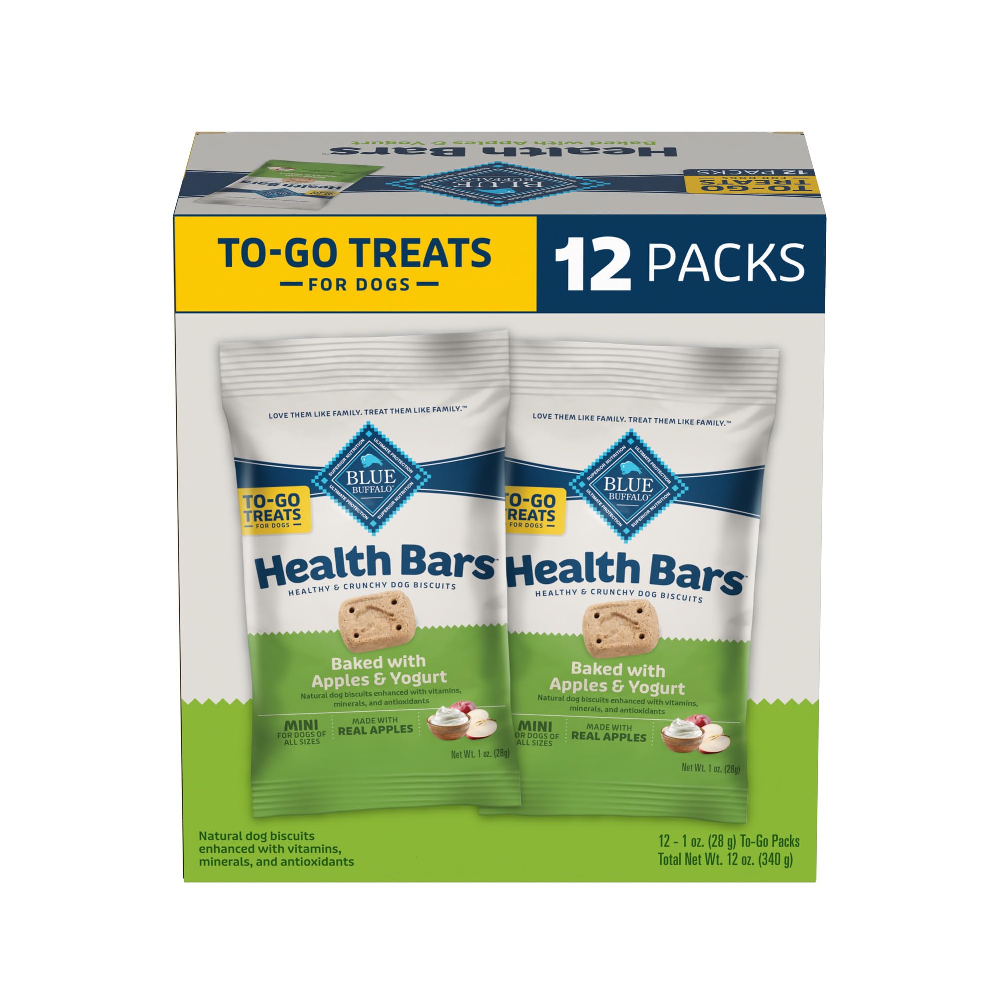 Blue Buffalo Health Bars Mini Natural Crunchy Dog Treats to-GO, Mini Biscuits, Apple &amp; Yogurt 1-oz Bags (Pack of 12)