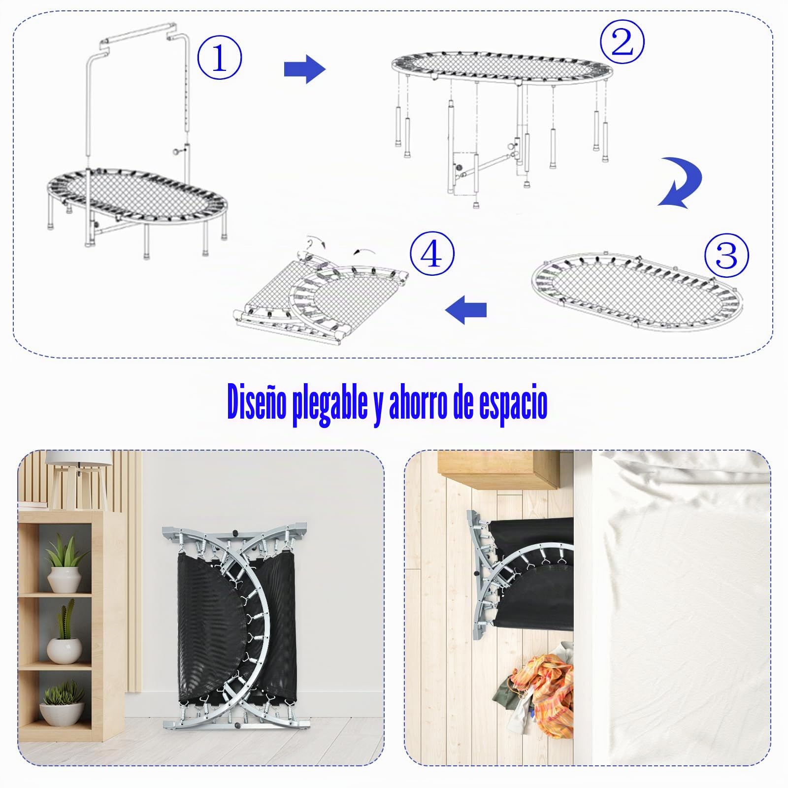 KOMFOTTEU - Trampolín doble de ocio para niños, 154 x 90 cm (largo x ancho), trampolín de fitness plegable, mango ajustable, rebotador ovalado para niños y adultos, carga máxima de 150 kg