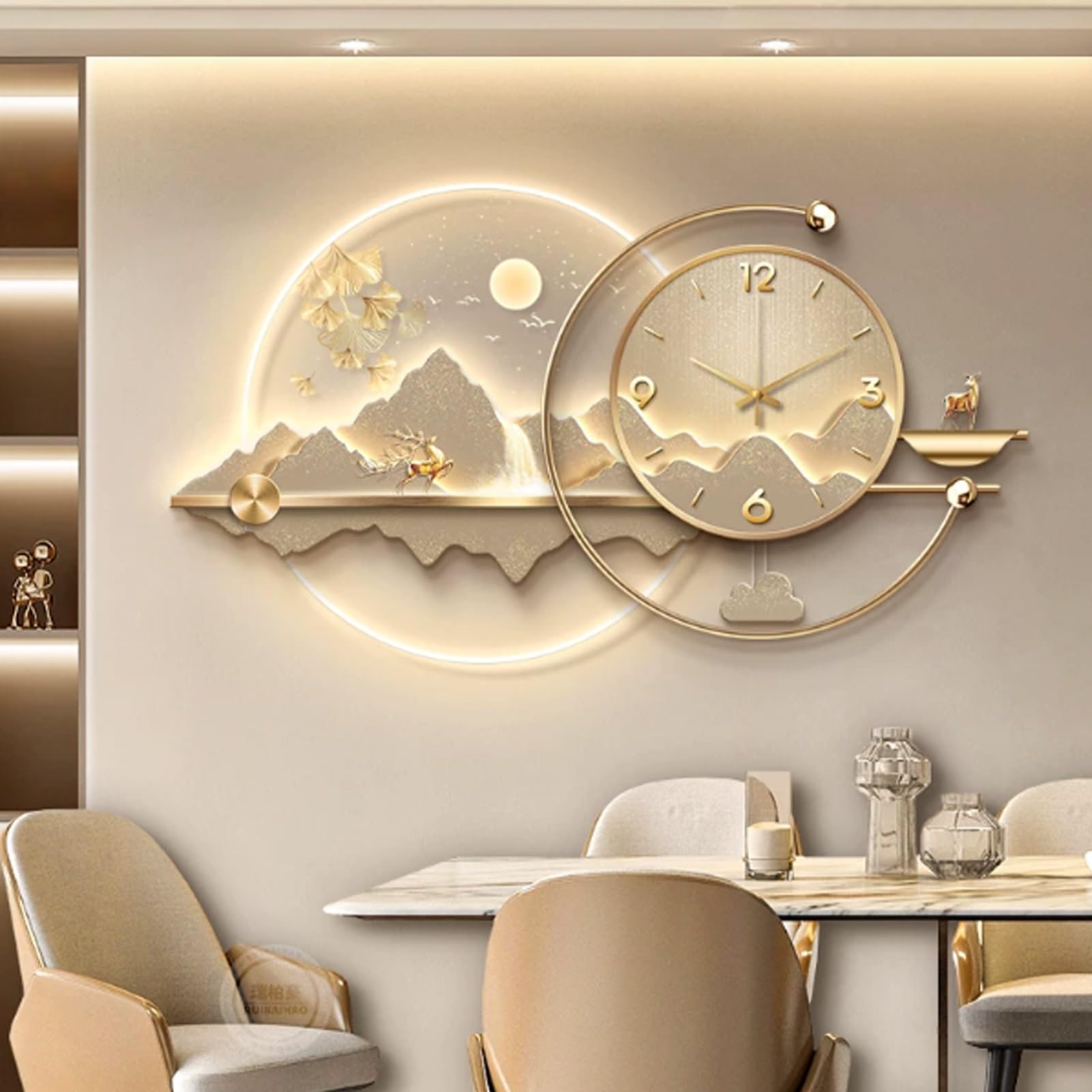 Zegar Ścienny 3D Z Oświetleniem LED – Cicha, Bezgłośna Rzeźba Akrylowa Efektem Lustra; Dekoracja Wisząca Do Salonu I Sypialni(Gold,140 * 80cm/55 * 31.5in)