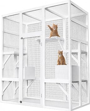 70" Large Outdoor Catio Cat Enclosure, Wood Cat Patio with Waterproof UV-Resistant Roof, Cats Shelter with 5 Platforms and 2 Resting Box, and Secure Rust-Proof Wire for Backyard or Patio, White