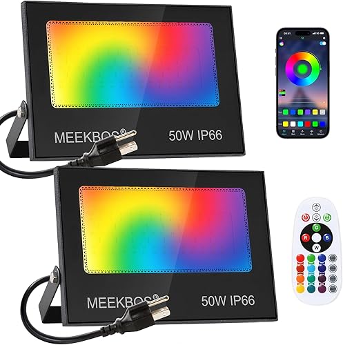 Paquete de 2 reflectores RGB de 50 W, reflector LED RGBW para exteriores con aplicación Bluetooth y control remoto, luz cálida de 5000 lm 3000 K y