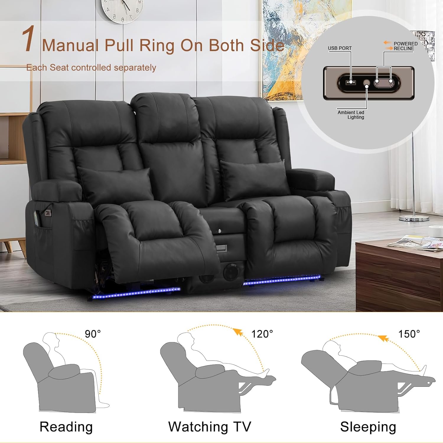 Loveseat Recliner Chair, Leather Sofa with Massage & Heating, Home Theater Seating with Console Power Recliner with Outlet/LED Light/Cup Holders/Speaker/USB Port (Black, Loveseat with Console)