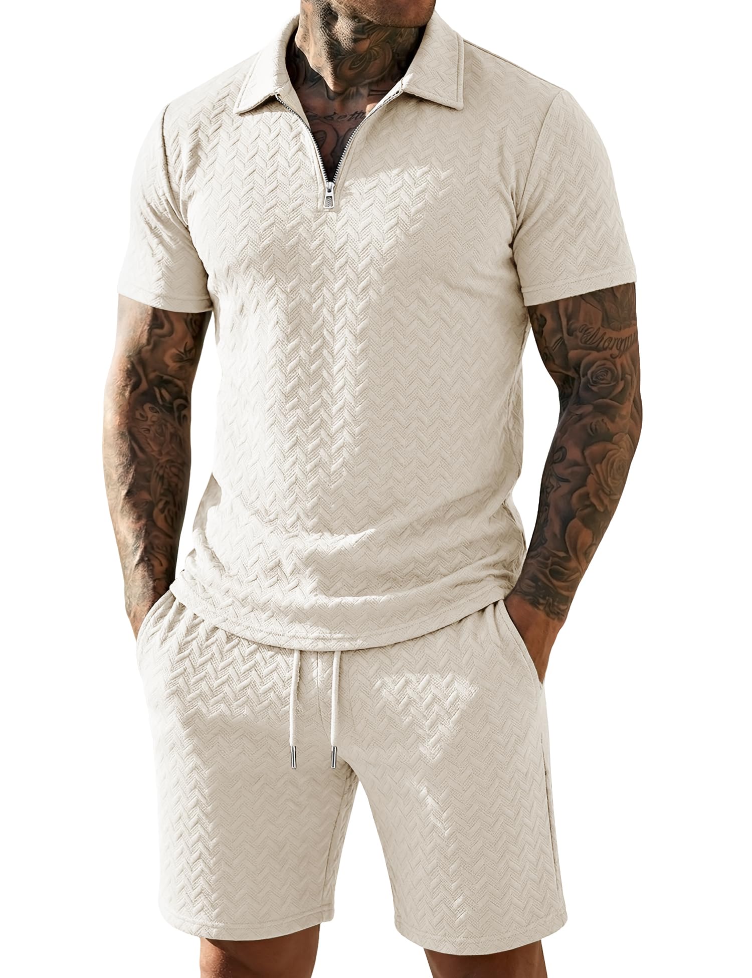 URRU Mens Textured Polo Shirt and Shorts Sets Outfits 2 Piece Summer Tracksuits Casual Quarter Zip Golf Polo Shirts