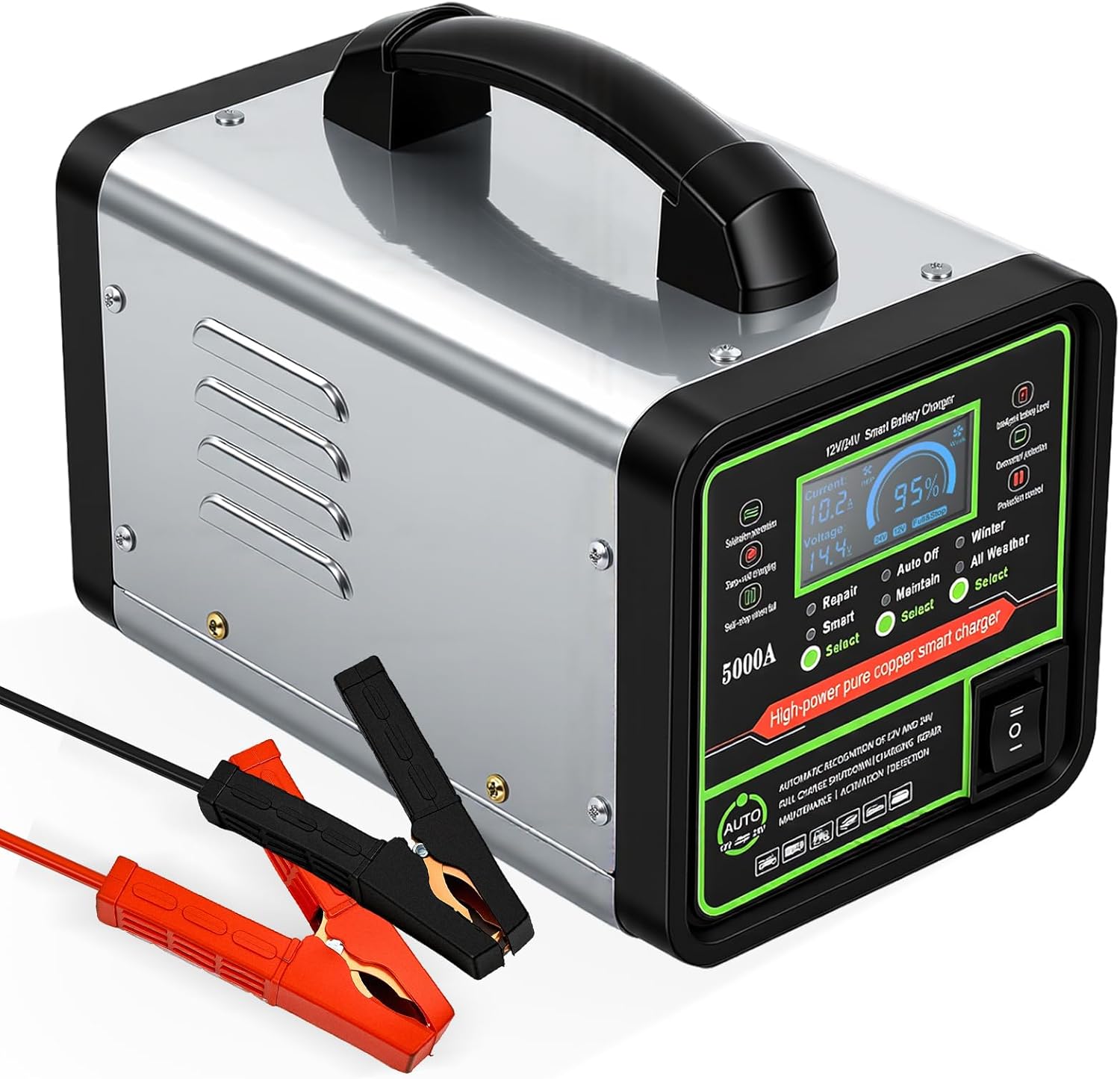 24V 12V Car Battery Charger Heavy Duty Trickle Charger for Car Battery 0-15A Smart Automotive Lead-Acid Battery Maintainer with Auto Off/Repair/Winter Modes LCD Display for Car Truck Boat Motorcycle