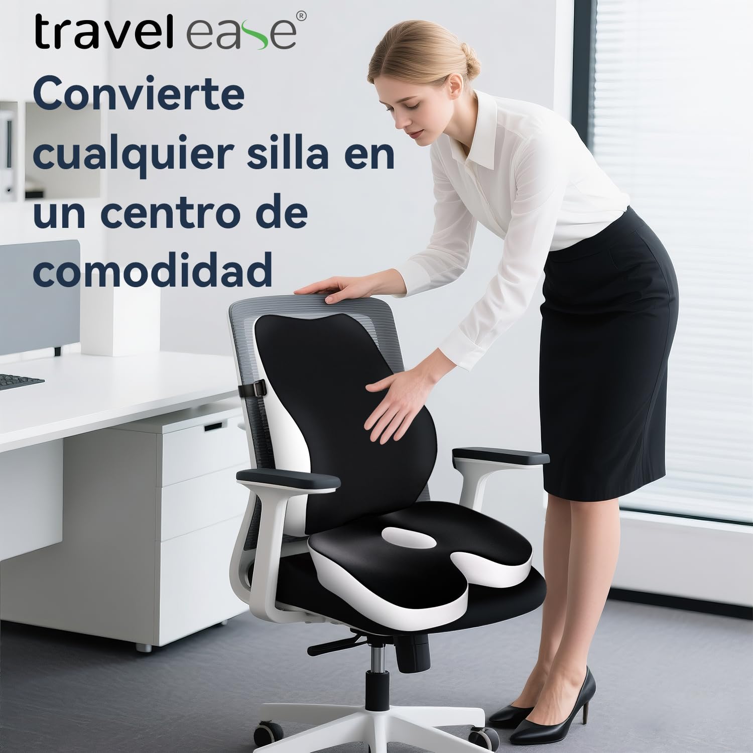 Travel Ease Set de Cojín de Asiento y Almohada Lumbar de Espuma Viscoelástica, Confort Ergonómico para Silla de Oficina, Coche, Uso Doméstico y Viajes, Soporte para Espalda y Glúteos, Negro