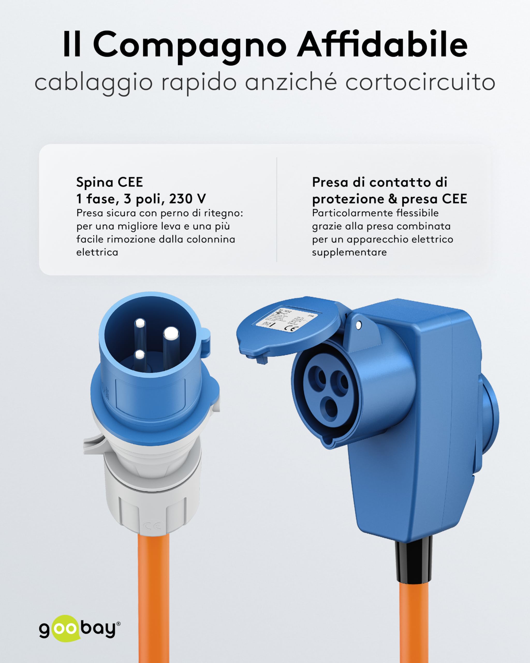goobay Cavo adattatore CEE per caravan, 1,5 m, spina CEE a 90° presa CEE e presa di contatto di protezione con tappi di chiusura, cavo da campeggio, camper e caravan, 76232