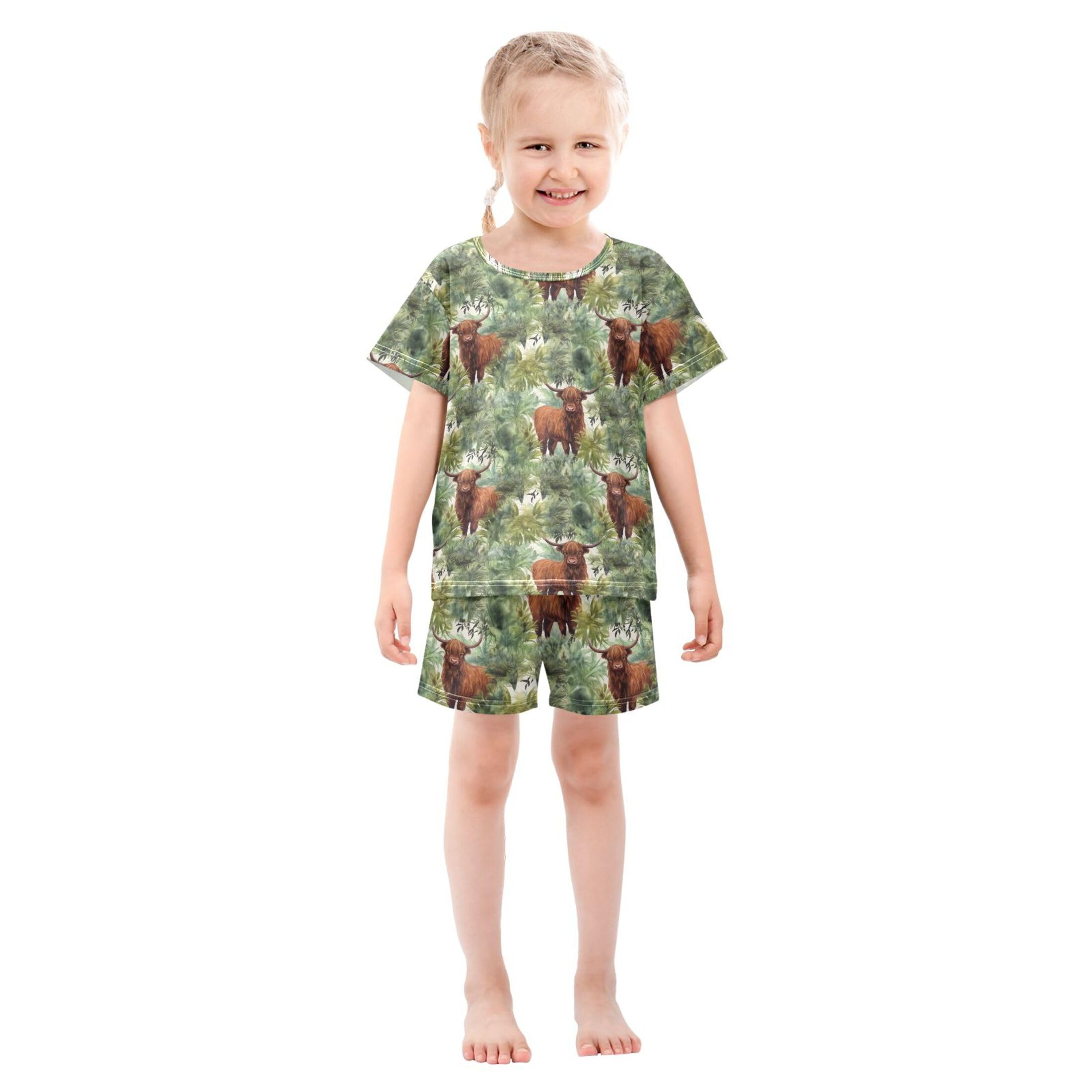 UMIRIKO Highland Cow Animal Forest Summer Short Sleeve Pajamas Sleepwear PJ Set B0403035
