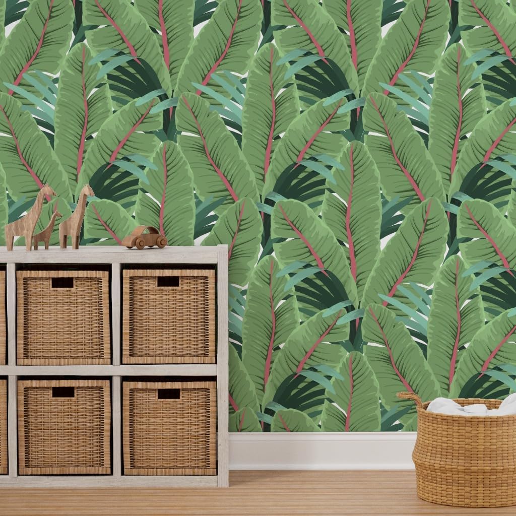 Peel & Stick Wallpaper 3ft x 2ft - Tropical Banana Leaves White Pink Green Jungle Beach Custom Removable Wallpaper by Spoonflower