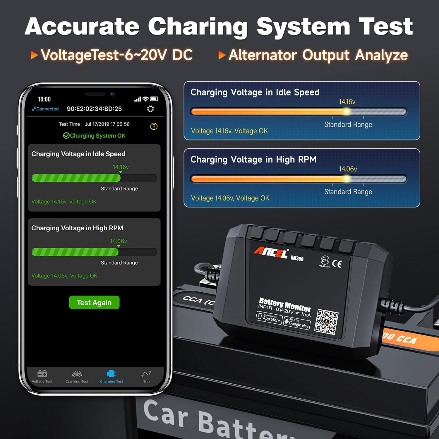A smartphone displaying the Charging System Test results at idle and high RPM, with the ANCEL BM300 device.