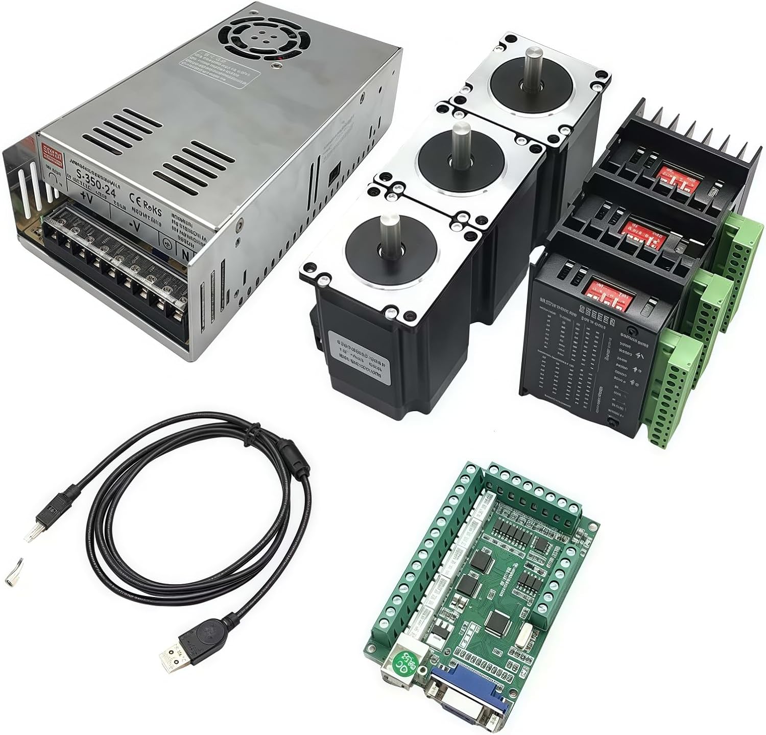 3 Axis Stepper Motor CNC Controller Kit with Nema 23 57mm Stepper Motor 3Nm 425 oz.in 2-Phase 3A, DM556 Step Motor Driver, 350W Power Supply, Mach3 Control Card for Engraving Machine