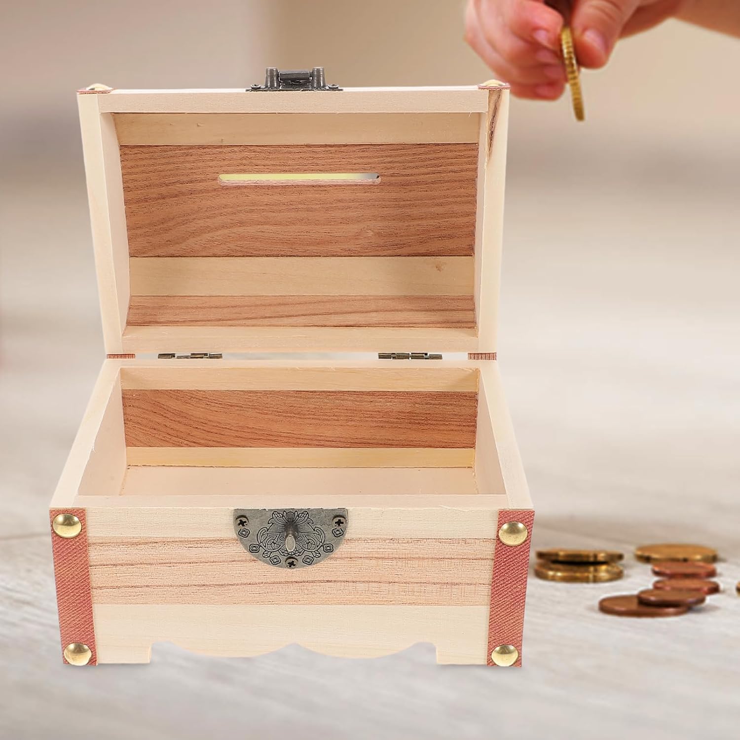 Yardwe Solid Wood Piggy Bank with Lock and Key Decorative Coin Container Money Jar for Home Office Kids Teens Savings and Gift