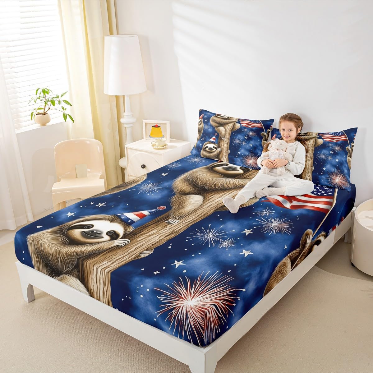 Erosebridal Kids Sloth Bedding Set American Flag Queen Fitted Sheet Happy Independence Day Bed Sheets Cute Cartoon Wildlife Animal Fitted Bed Sheet for Boys Girls Teen Room Decor
