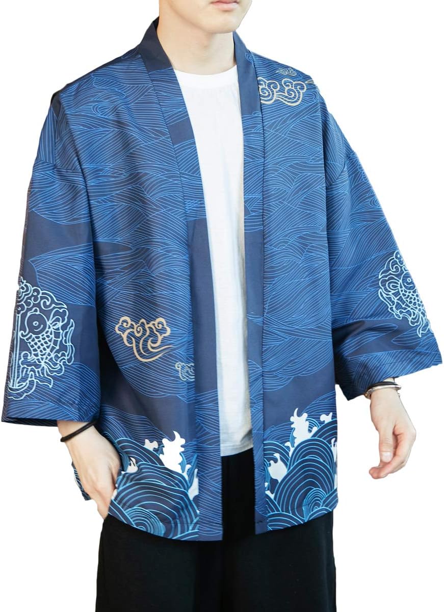 PRIJOUHE Men's Kimono Cardigan Jacket Japanese Style Flying Crane Seven Sleeves Open Front Coat - Image 4