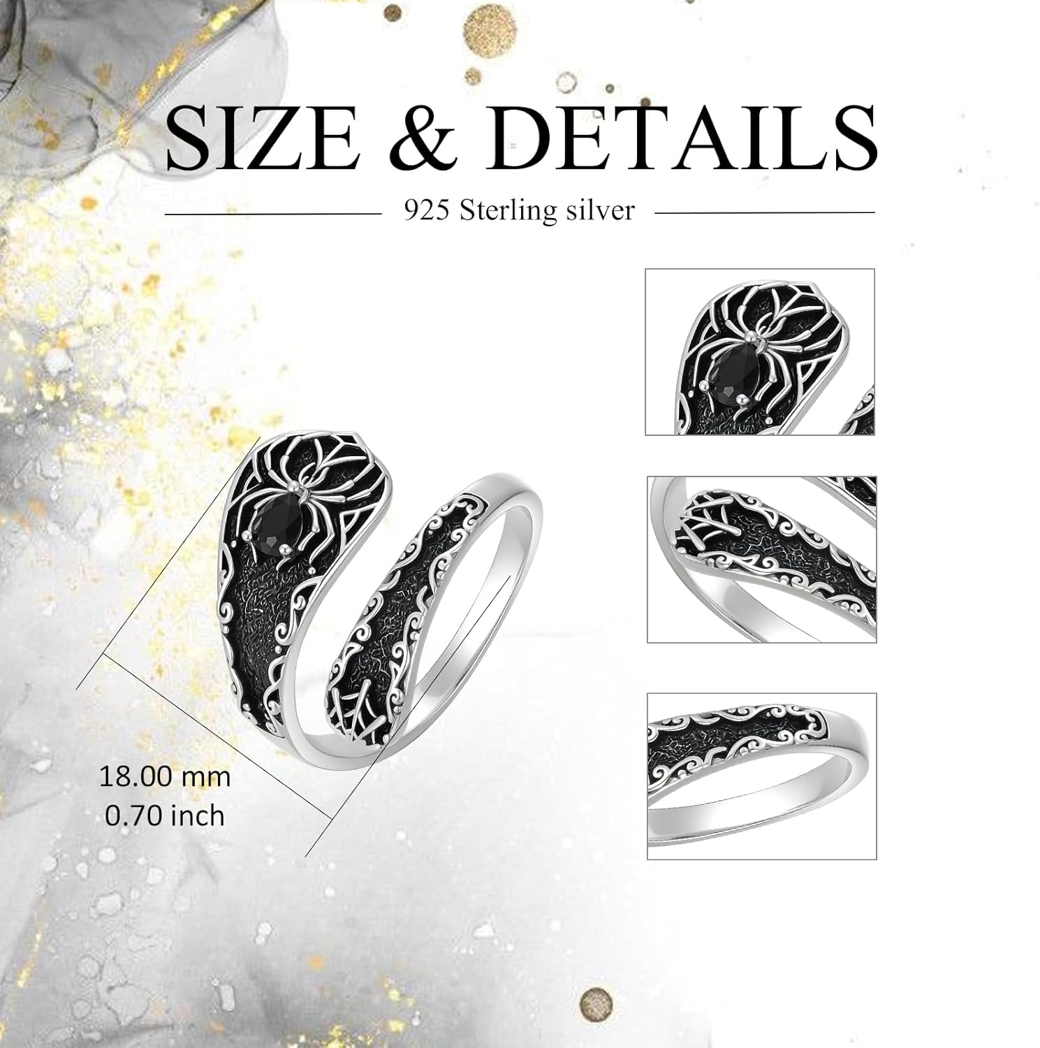 LONAGO Spoon Ring 925 Sterling Silver Black Onyx Spider/Wings/Eagle Rings Vintage Finger Open Antique Spoon Rings Adjustable Thumb Ring for Women