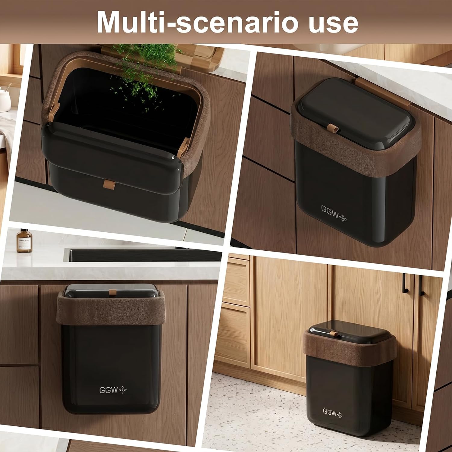 Large 3.9 Compost Bin Kitchen with Lid, Under Cabinet Waste Bin for Kitchen Cupboard, Reusable Waste Container for Office, Bathroom, Bedroom, Black