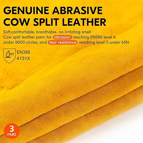 Miniatura 7 de Vgo - 3 pares de guantes de trabajo y conductor de cuero de vaca sin forro con parche de palma de cuero dividido de vaca (talla XXL, dorado, CA9590)